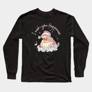 Cute pink Santa with vintage white flowers says I wish you happiness. Long Sleeve T-Shirt